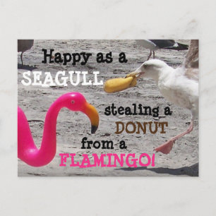 Rosa Flamingo Fiskmås Donut Beach Vacation Humor Vykort