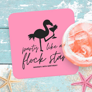 Rosa Flamingo Flock Stjärna Tropisk Födelsedag Underlägg Papper Kvadrat