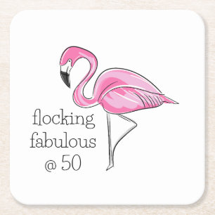 Rosa Flamingo Flocking Fabulous at 50 Underlägg Papper Kvadrat