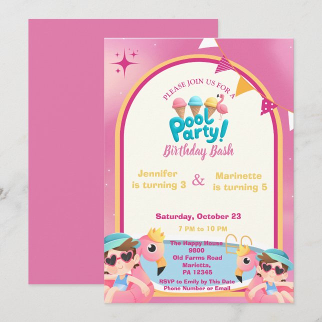 Rosa Flamingo Förenade Poolparty Flickors födelsed Inbjudningar (Fram/baksida)