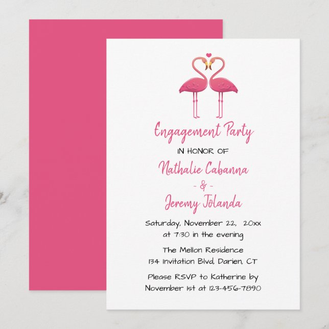 Rosa Flamingo Förlovningsfest Tropical Beach Inbjudningar (Fram/baksida)