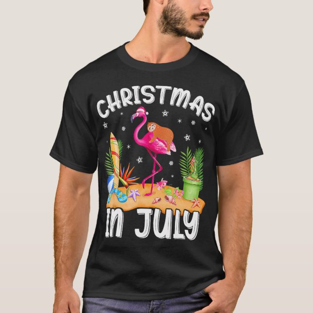 Rosa Flamingo Funny Sloth jul i juli T Shirt (Framsida)