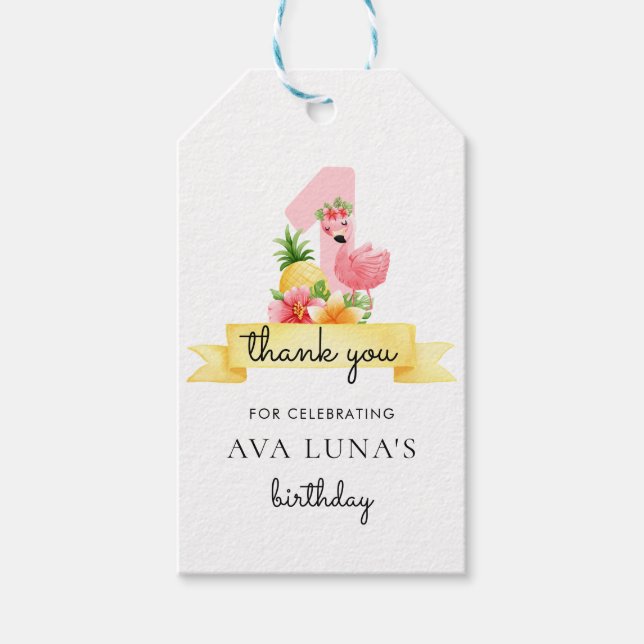 Rosa Flamingo Girl 1st Birthday Tack Presentetikett (Framsidan)