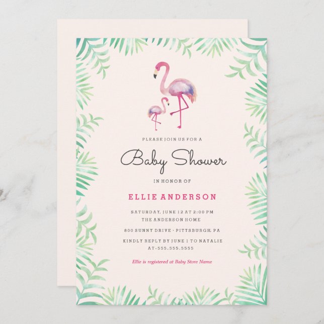 Rosa Flamingo Girl Baby Shower-inbjudan Inbjudningar (Fram/baksida)