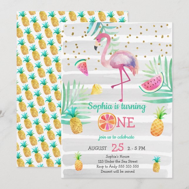 Rosa Flamingo Girl First Birthday Tropical Summer Inbjudningar (Fram/baksida)