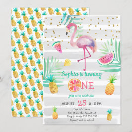 Rosa Flamingo Girl First Birthday Tropical Summer Inbjudningar