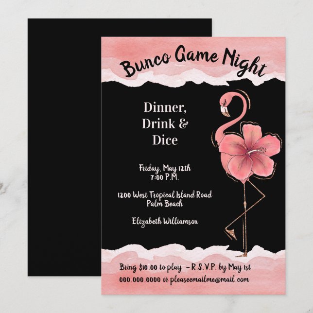 Rosa Flamingo Girls Night Bunco Inbjudningar (Fram/baksida)