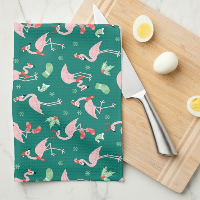 Rosa Flamingo Grön Jul Holiday Mönster  Kökshandduk (Vikt i Fjärdedel)