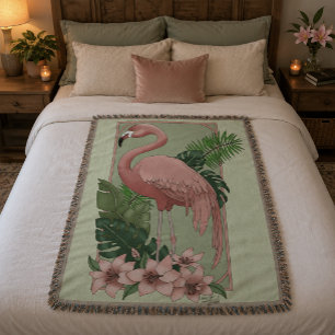 Rosa Flamingo Gröna blad Lilja Filt