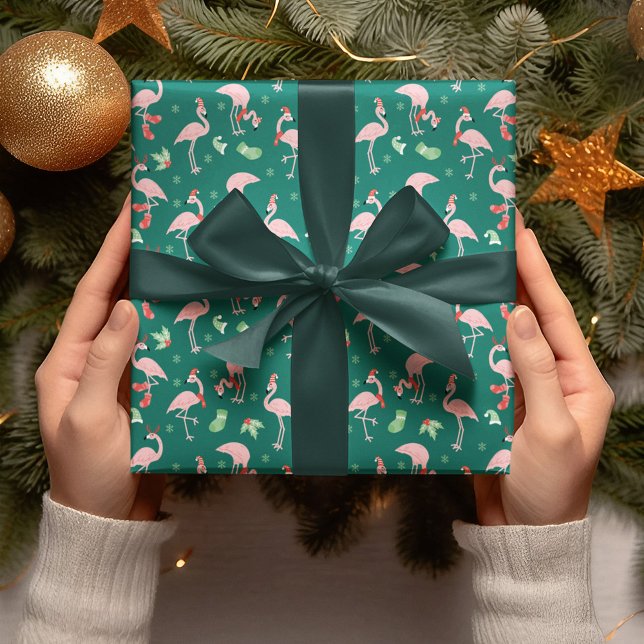 Rosa Flamingo Grönt jul Helgdag Mönster Presentpapper (Skapare uppladdad)