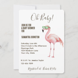 Rosa Flamingo Grönt White Rand Baby Shower Inbjudningar