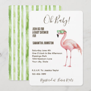 Rosa Flamingo Grönt White Rand Baby Shower Inbjudningar