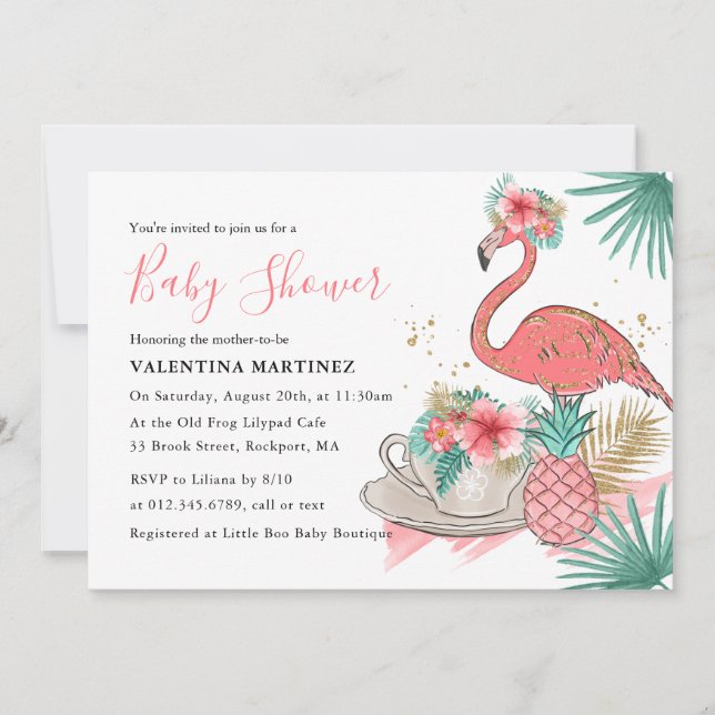 Rosa Flamingo Guld Glitter Baby Shower Inbjudningar (Framsida)