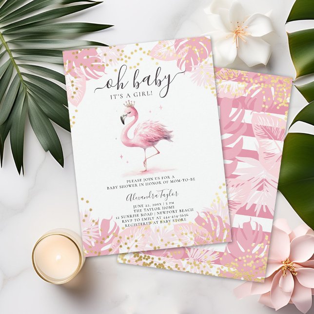 Rosa Flamingo Guld Tiara Tropical Girl Baby Shower Inbjudningar (pink flamingo baby girl shower invitation cute watercolor tropical invite gold stripes polka dots)