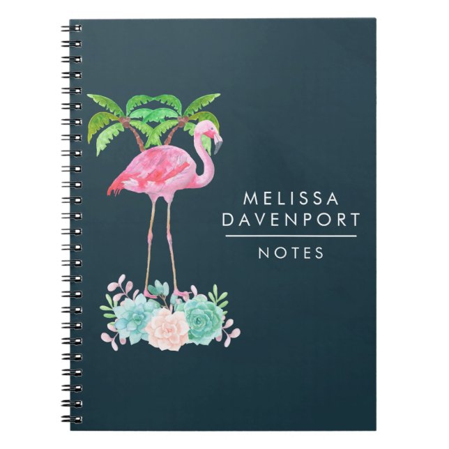 Rosa Flamingo Handflatan träd och Blommigt Succule Anteckningsbok Med Spiral (Framsidan)