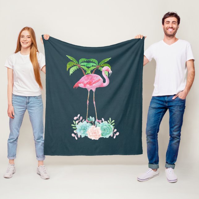 Rosa Flamingo Handflatan träd och Blommigt Succule Fleecefilt (På plats)