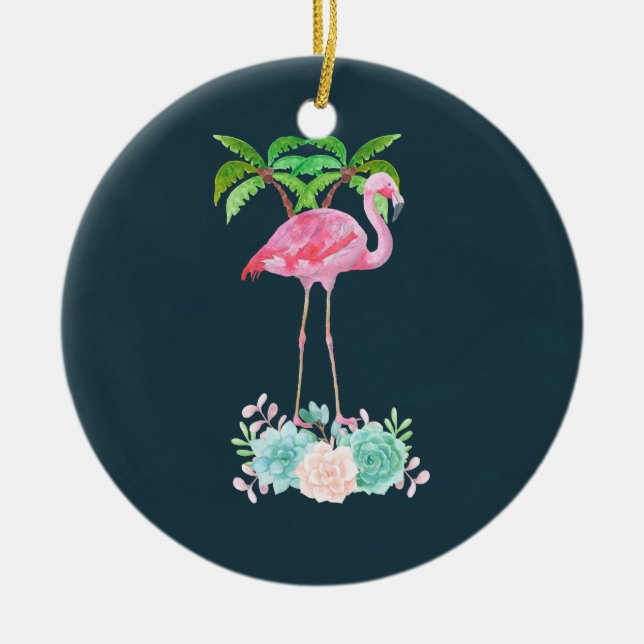 Rosa Flamingo Handflatan träd och Blommigt Succule Julgransprydnad Keramik (Framsidan)