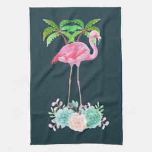 Rosa Flamingo Handflatan träd och Blommigt Succule Kökshandduk
