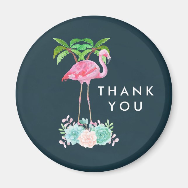 Rosa Flamingo Handflatan träd och Blommigt Succule Magnet (Framsidan)