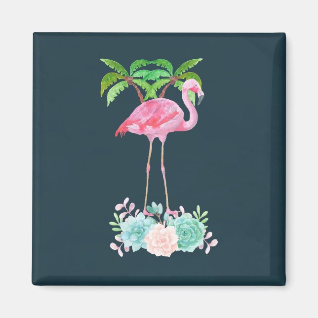 Rosa Flamingo Handflatan träd och Blommigt Succule Magnet (Framsidan)