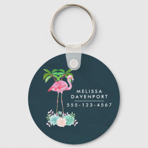 Rosa Flamingo Handflatan träd och Blommigt Succule Nyckelring