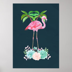 Rosa Flamingo Handflatan träd och Blommigt Succule Poster
