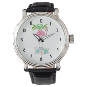 Rosa Flamingo Handflatan träd och Succulents Armbandsur