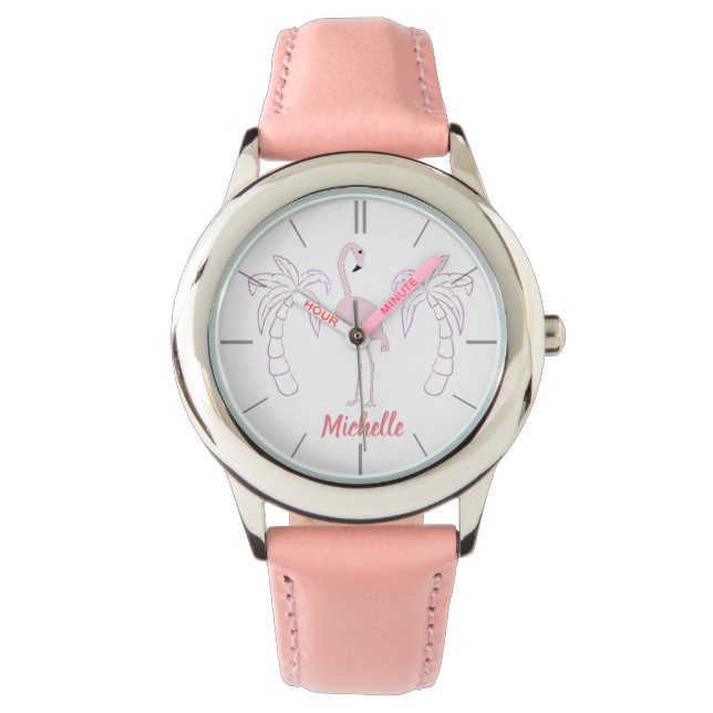 Rosa Flamingo Handflatan träd Personlig Girl Girl' Armbandsur (Framsida)
