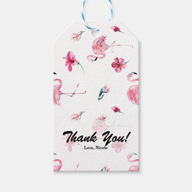 Rosa Flamingo & Hibiscus Tropical Party favor Presentetikett (Framsidan)