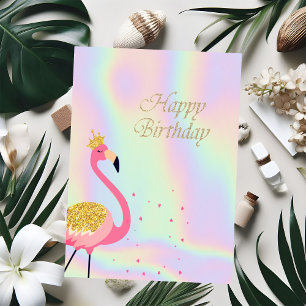 Rosa Flamingo Hjärtan Holografisk Födelsedag Kort