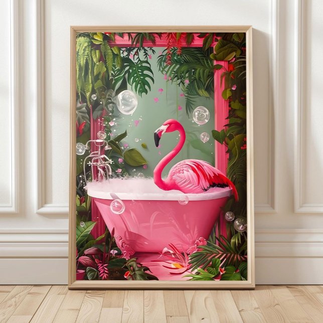 Rosa Flamingo i badkar Tryck, Rolig badrumsväggkon Poster (Skapare uppladdad)
