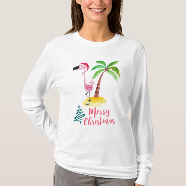 Rosa Flamingo i den tropiska julen i Santa Hat T Shirt (Framsida)