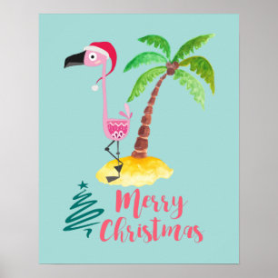 Rosa Flamingo i en tomhat av Handflatan Träd Poster