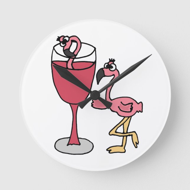 Rosa Flamingo i glaset  Vin Rund Klocka (Framsida)