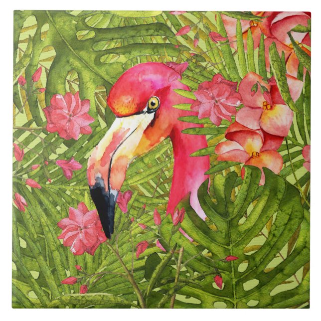 Rosa Flamingo i handflatan och den Monstera Kakelplatta (Framsidan)