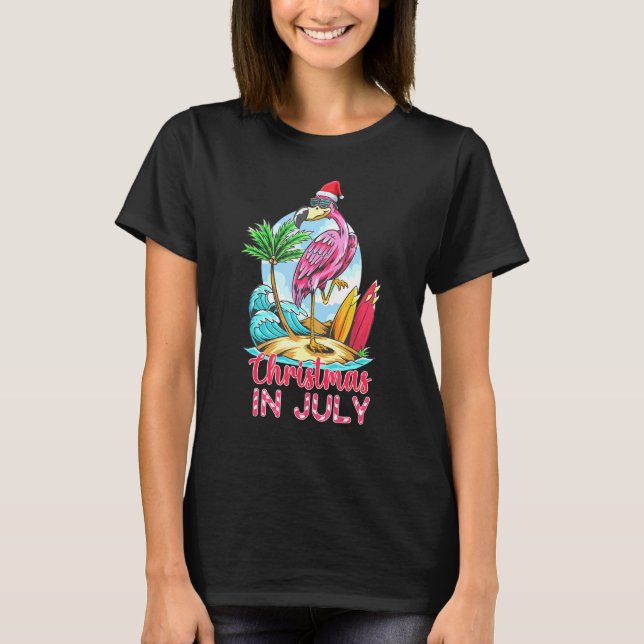 Rosa Flamingo i jultomten i juli T Shirt (Framsida)