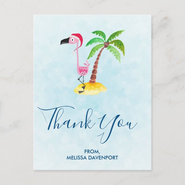 Rosa flamingo i röd jultomtehatt Jul tack Vykort (Framsida)