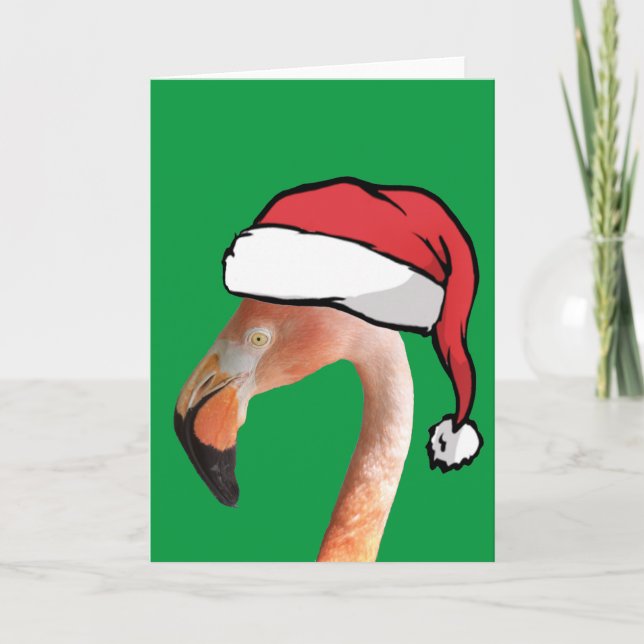 Rosa flamingo i röd seriefigur Santa hatt Helgkort (Framsida)