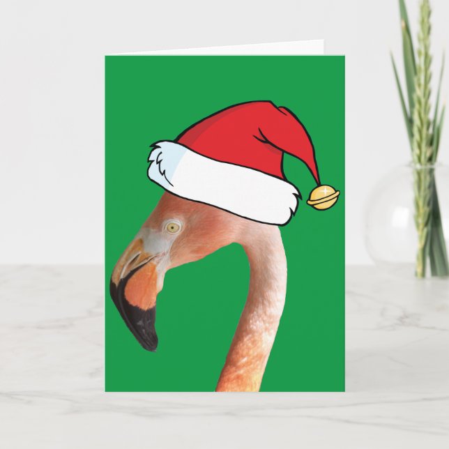 Rosa Flamingo i röd tecknad Santa hat Helgkort (Framsida)