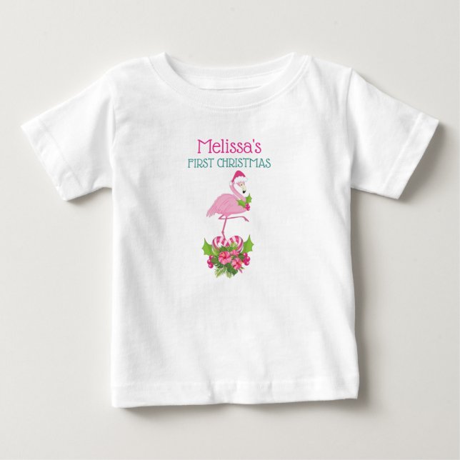 Rosa Flamingo i Santa Hat 1:a jul T Shirt (Framsida)