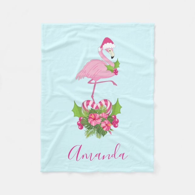 Rosa Flamingo i Santa Hat med Candy cane Bouquet Fleecefilt (Framsidan)