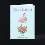 Rosa Flamingo i Santa Hat med Candy cane Bouquet Helgkort<br><div class="desc">Ett julkort med ett tropiskt temat julflamingo med en rosa julhatt. Under fötterna är en candy cane bouquet med tropiska blommor och rosa söt. En myrsprit på bröstet.</div>