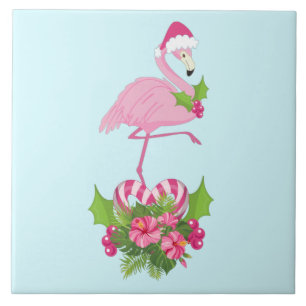 Rosa Flamingo i Santa Hat med Candy cane Bouquet Kakelplatta