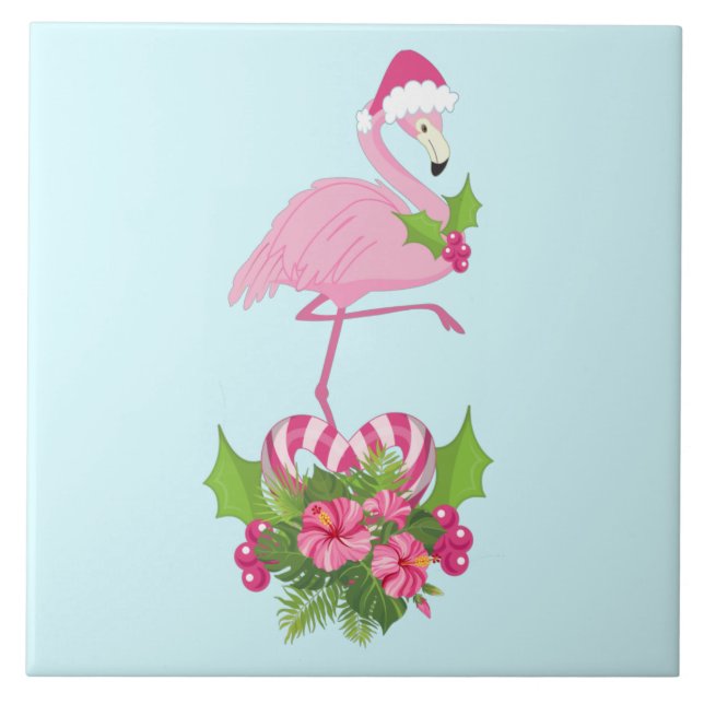 Rosa Flamingo i Santa Hat med Candy cane Bouquet Kakelplatta (Framsidan)