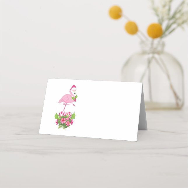 Rosa Flamingo i Santa Hat med Candy cane Bouquet Placeringskort (Framsida)