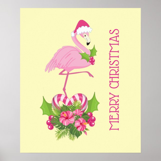 Rosa Flamingo i Santa Hat med Candy cane Bouquet Poster (Framsidan)