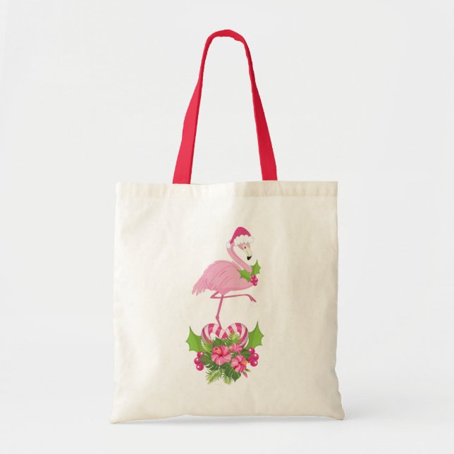 Rosa Flamingo i Santa Hat med Candy cane Bouquet Tygkasse (Framsidan)