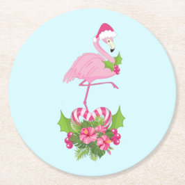 Rosa Flamingo i Santa Hat med Candy cane Bouquet Underlägg Papper Rund