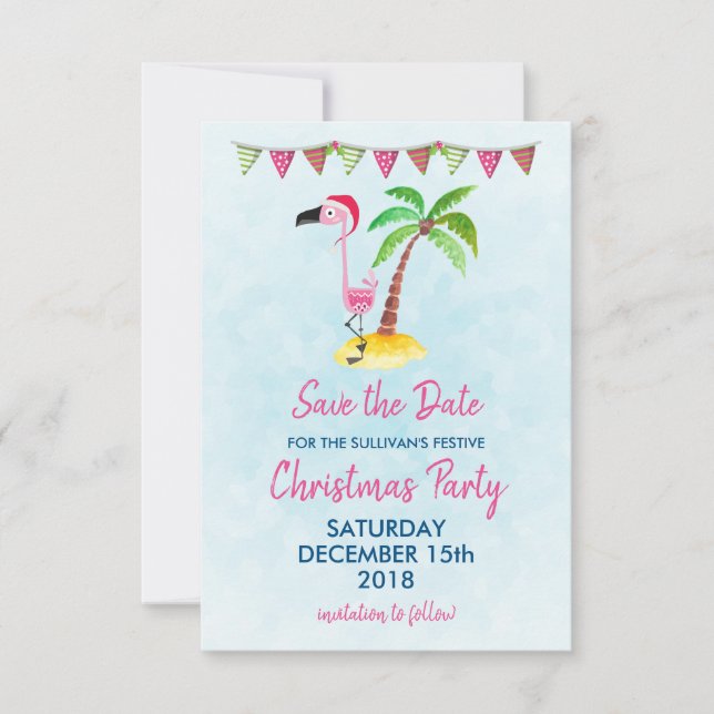 Rosa Flamingo i Santa Hat | Spara datum i Party Inbjudningar (Framsida)