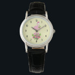 Rosa Flamingo i Santa Hat Whimsical jul Armbandsur<br><div class="desc">En klocka med ett tropiskt tema julflamingo med en rosa julhatt. Under fötterna är en candy cane bouquet med tropiska blommor och rosa söt. En myrsprit på bröstet.</div>